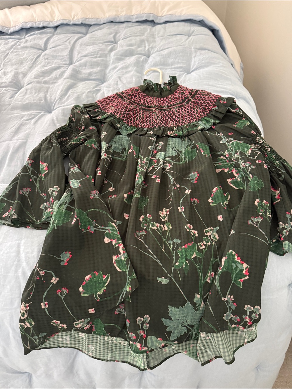 Tuckernuck Dark Green Floral Smocked Yoke Blouse
